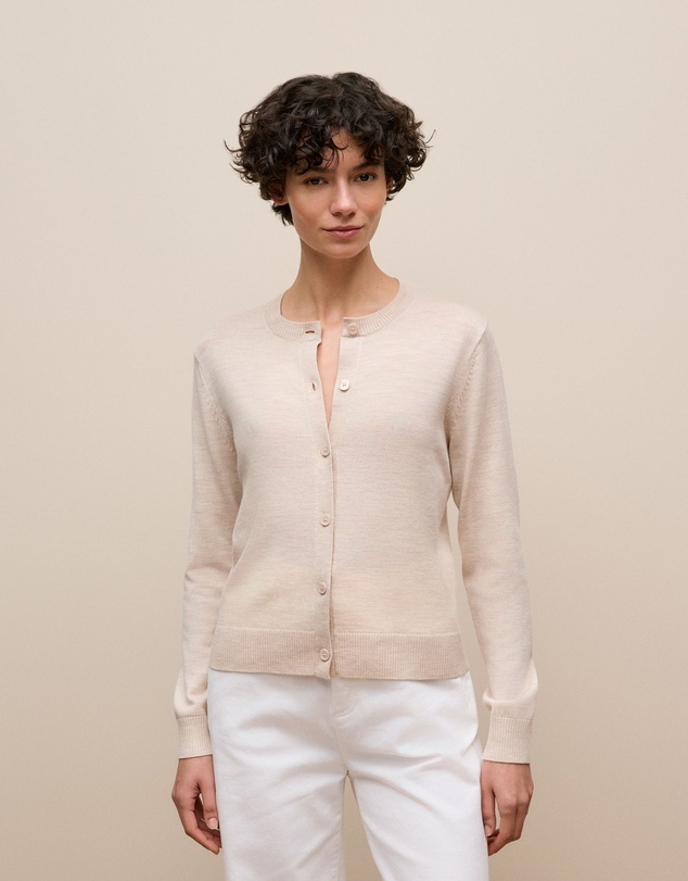 Trenery - Merino Classic Crew Cardigan in Oat Marle
