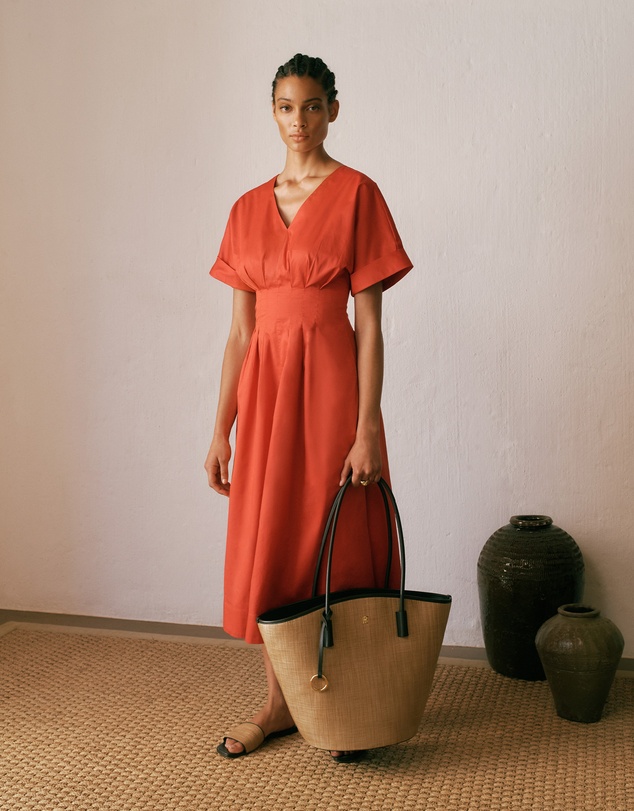 Trenery - Cotton Sateen Pleat Waist Dress in Crimson
