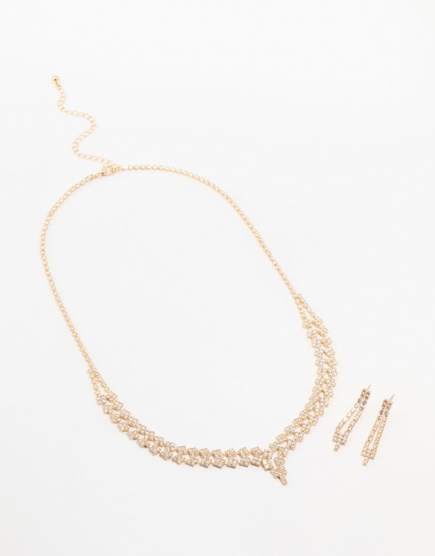 Lovisa - Gold Cubic Zirconia 2 Row Necklace and Earrings Set
