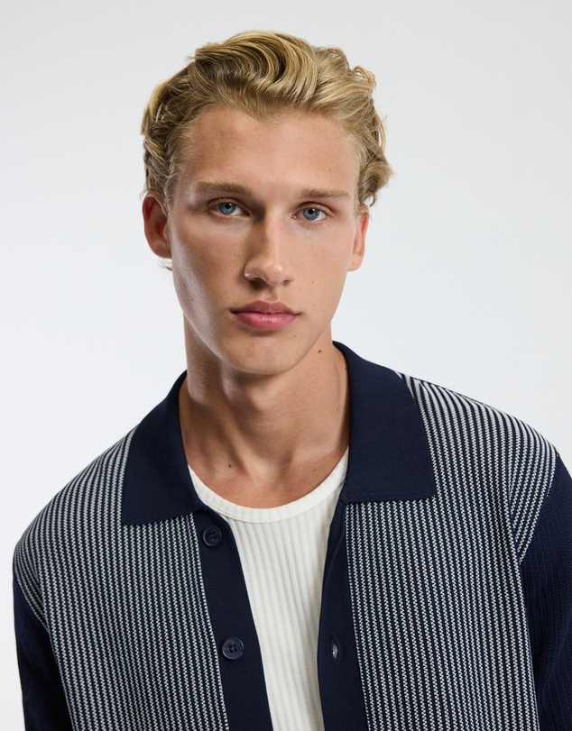 Calibre - Panelled Stripe Knit Shirt Navy