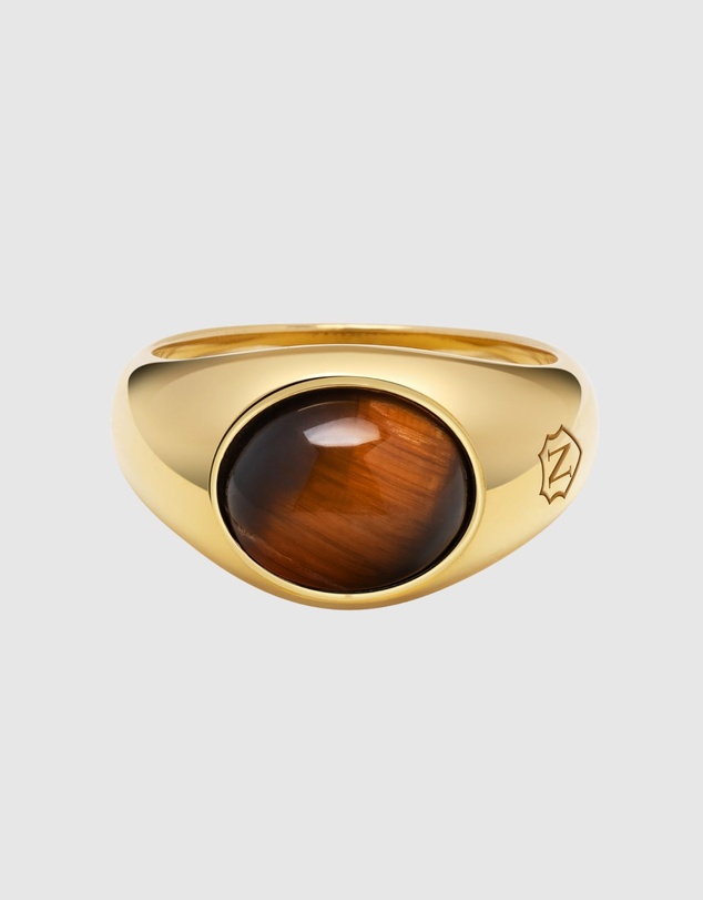 Nialaya Jewellery - Gold Oval Signet Ring with Brown Tiger Eye
