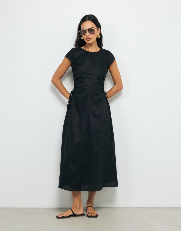 AERE - Lucia Ruched Linen Midi Dress