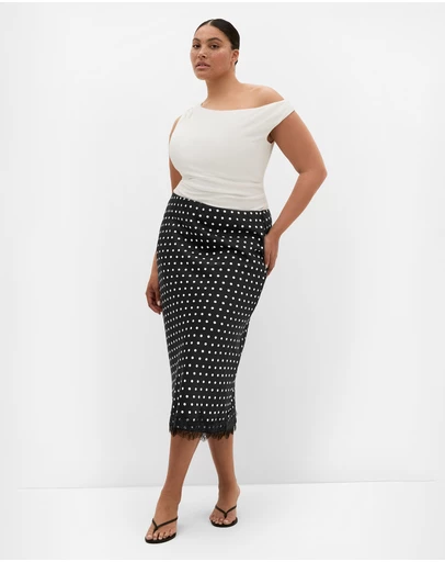 City Chic - Plus size Lace Spot Print Satin Midi Skirt - black