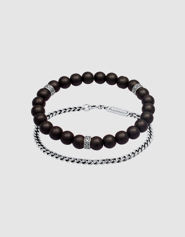 Kuzzoi - ICONIC EXCLUSIVE - Bracelet Set Onyx Stone Curb Chain Masculine in 925 Sterling Silver