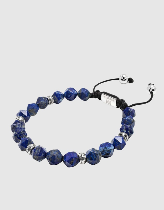 Nialaya Jewellery - Men's Sterling Silver Faceted Beaded Bracelet with Lapis Lazuli