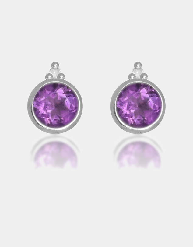 Georgini - Natural Amethyst And Two Natural Diamond February Silver Earrings