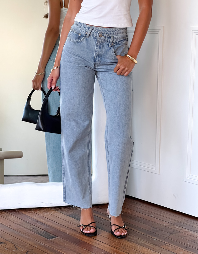 Beginning Boutique - Kansis Light Blue Uneven Waist Jeans