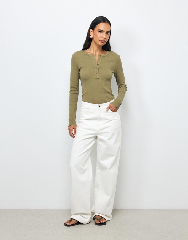 AERE - Della Long Sleeve Rib Henley Top