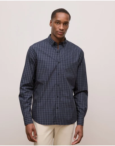 Trenery - Regular Fit Poplin Grid Long Sleeve Shirt in Navy