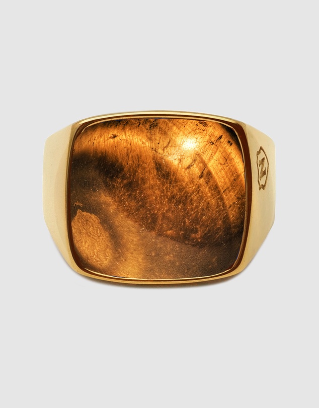 Nialaya Jewellery - Men's Gold Signet Ring with Brown Tiger Eye