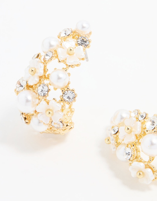 Lovisa - Gold Plated Diamante & Pearl Flower Hoop Earrings