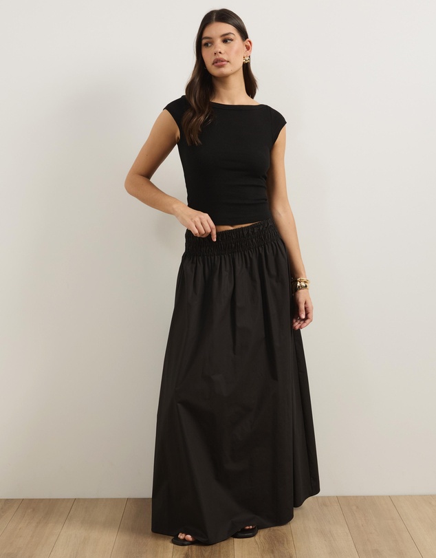 Atmos&Here - Blaire Cotton Poplin Maxi Skirt with Shirred Waist
