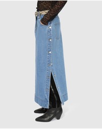 Belle & Bloom - Edge Line Denim Maxi Skirt with Side Buttons