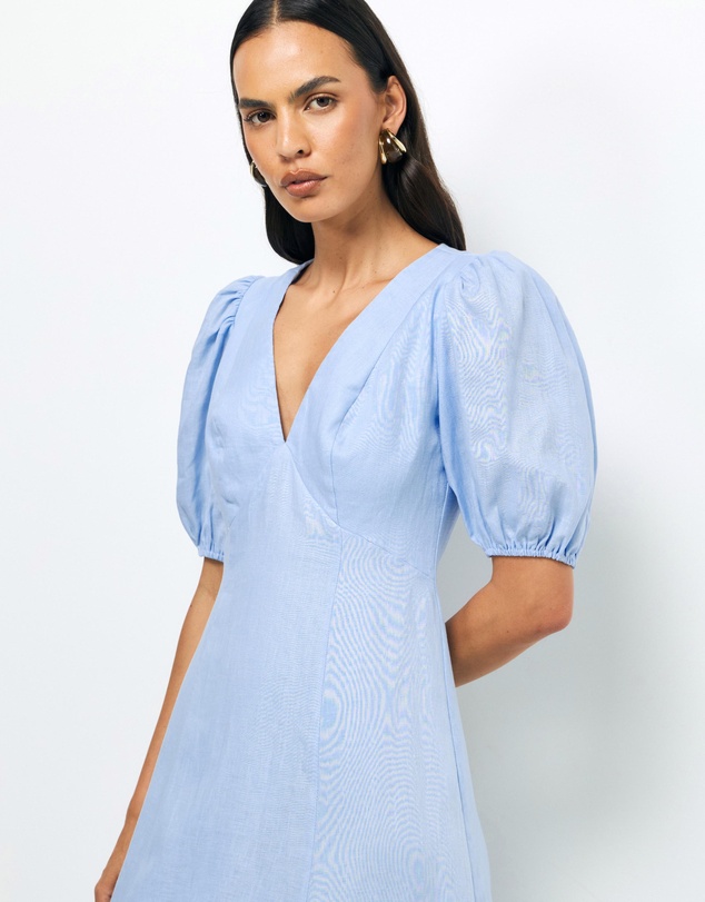 AERE - Lori Puff Sleeve Linen Midi Dress