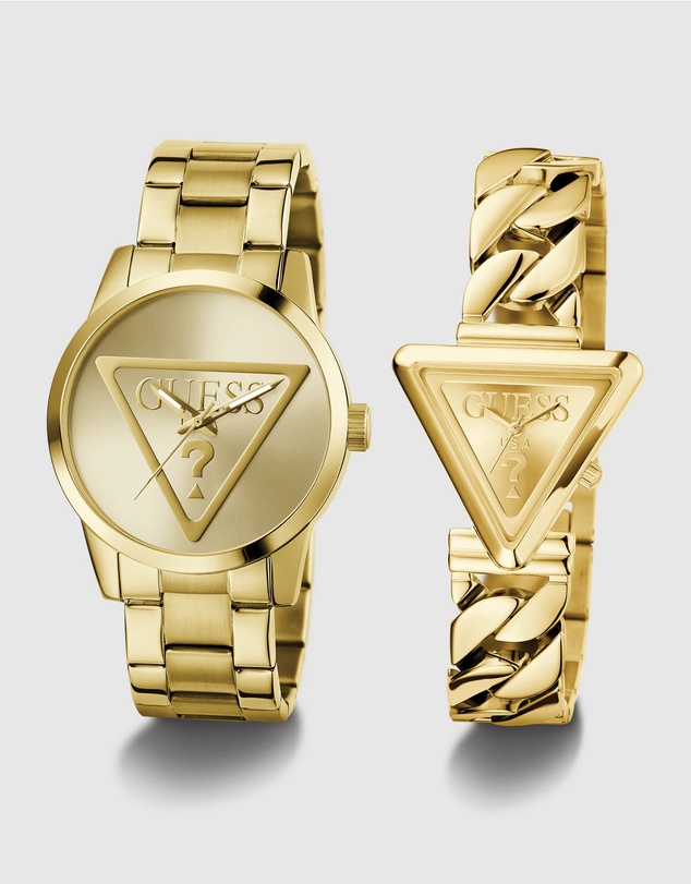 GUESS - Guess Gents and Ladies Set - Badge Gold-Tone Analogue & Fame Ladies Gold Tone Analogue