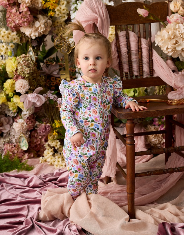 Fleur Harris - 'Heirloom Treasures' Precious Frill Coverall in Snow Floral