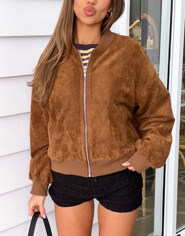 Beginning Boutique - Rebecca Tan Cuffed Suedette Bomber Jacket