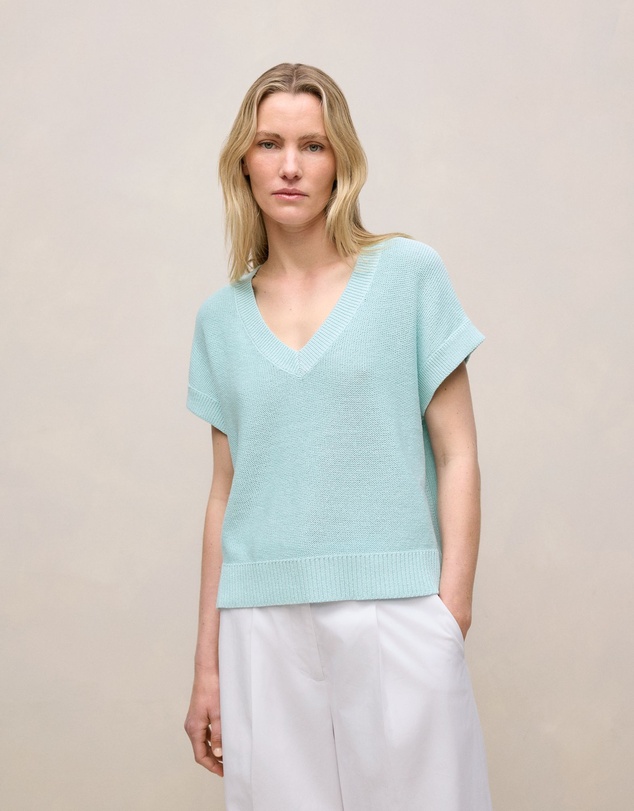 Trenery - Mercerised Cotton Relaxed V Neck Knit in Pastel Blue