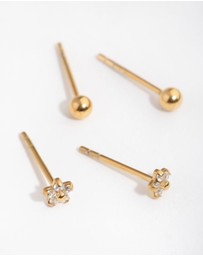Lovisa - 24 Carat Gold Plated Surgical Steel Flower & Ball Pack Stud Earrings
