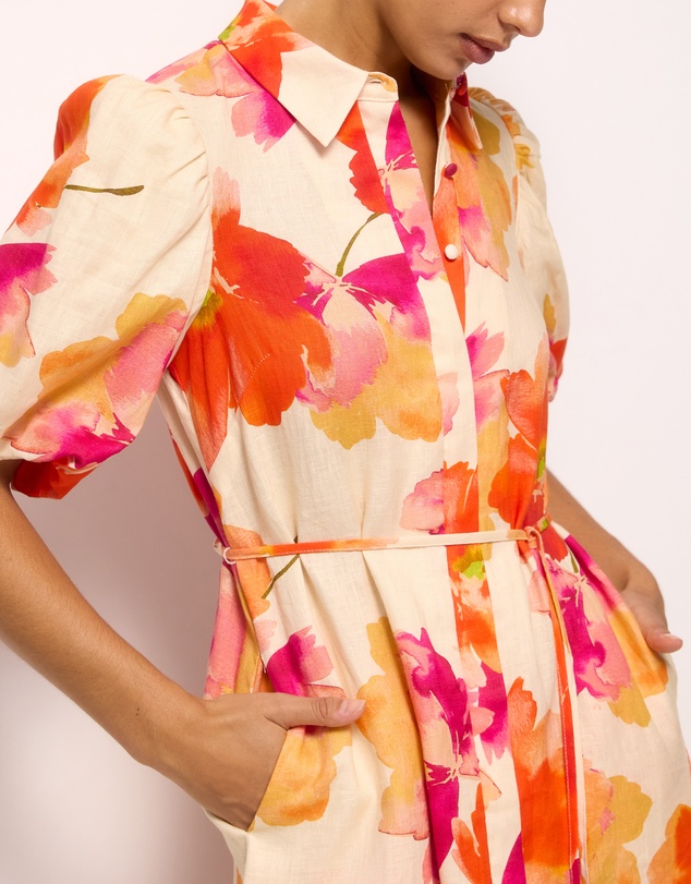 AERE - Linen Puff Sleeve Relaxed Shirt Dress