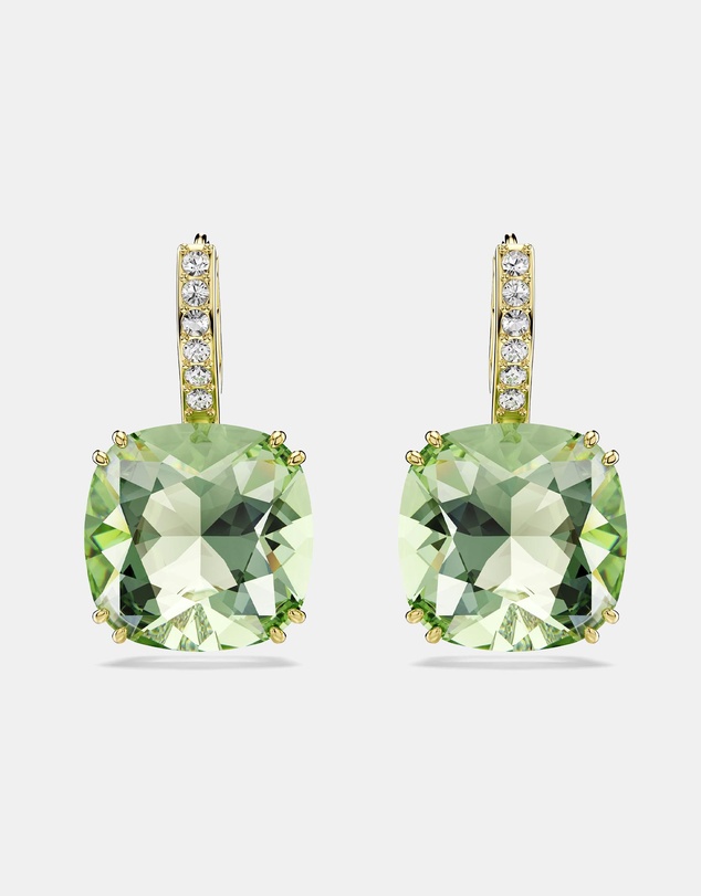 Swarovski - Millenia Drop Earrings, Cushion Cut, Green, 18K Gold Finish