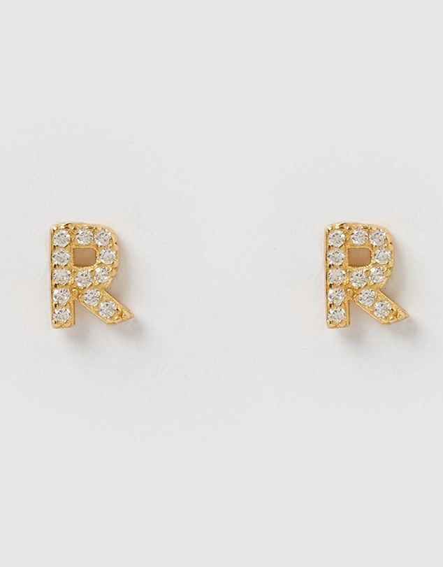 Izoa - Alphabet Mini Letter R Stud Earrings Gold