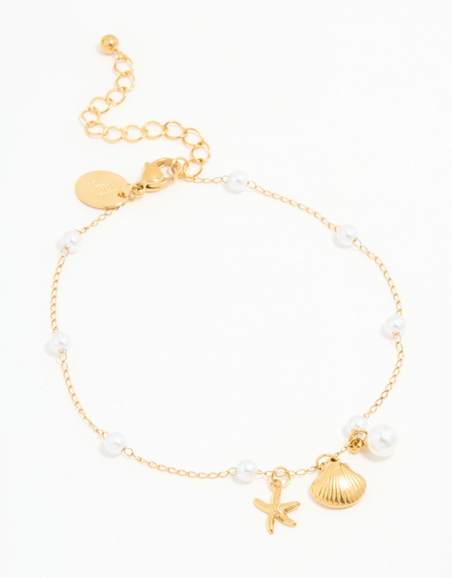 Lovisa - Waterproof Gold Plated Stainless Steel Pearl Star & Shell Charm Anklet
