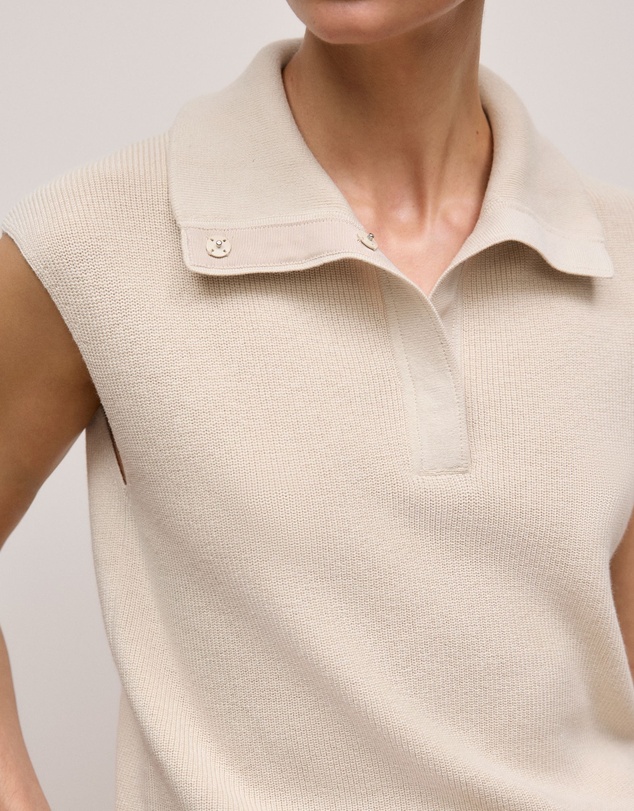 Trenery - Cotton Cashmere Sleeveless Button Neck Knit in Stone