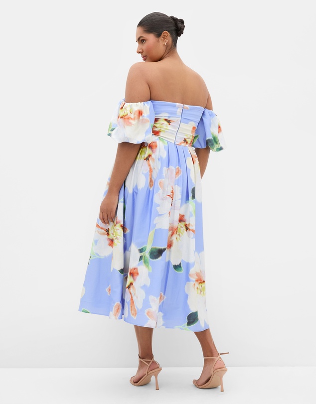 City Chic - Plus size Rosalee Floral Print Puff Sleeve Midi Dress - sky blue