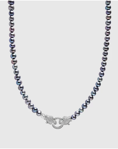 Nialaya Jewellery - Black Pearl Choker with Double Panther Head in Silver