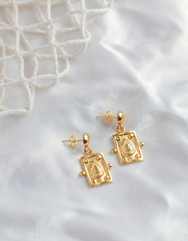 Ottoman Hands - Tyche Engraved Gold Drop Stud Earrings