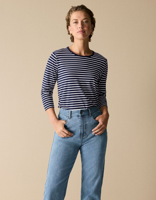 Trenery - Cotton Stripe 3/4 Sleeve T-shirt in Night Sky