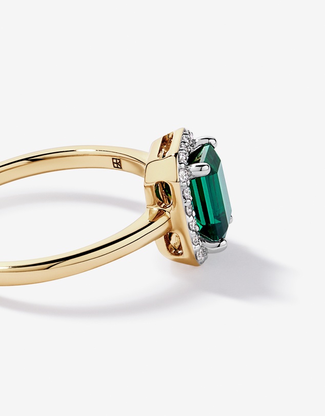 Michael Hill - Created Emerald & 0.10TW Laboratory-Grown Diamond Halo Ring in 10kt Yellow Gold and Rhodium