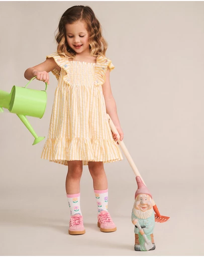 Huxbaby - Flower Field Stripe Shirred Dress - Babies-Teens