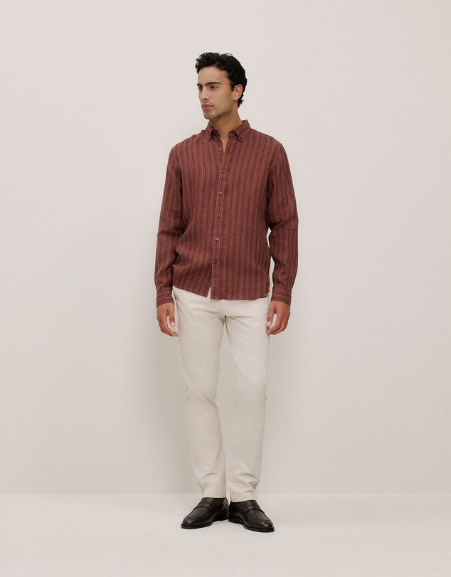 Trenery - Regular Fit Delave Linen Stripe Shirt in Redwood
