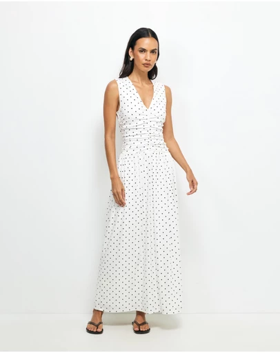 AERE - Lottie Spot Ruched Midi Dress