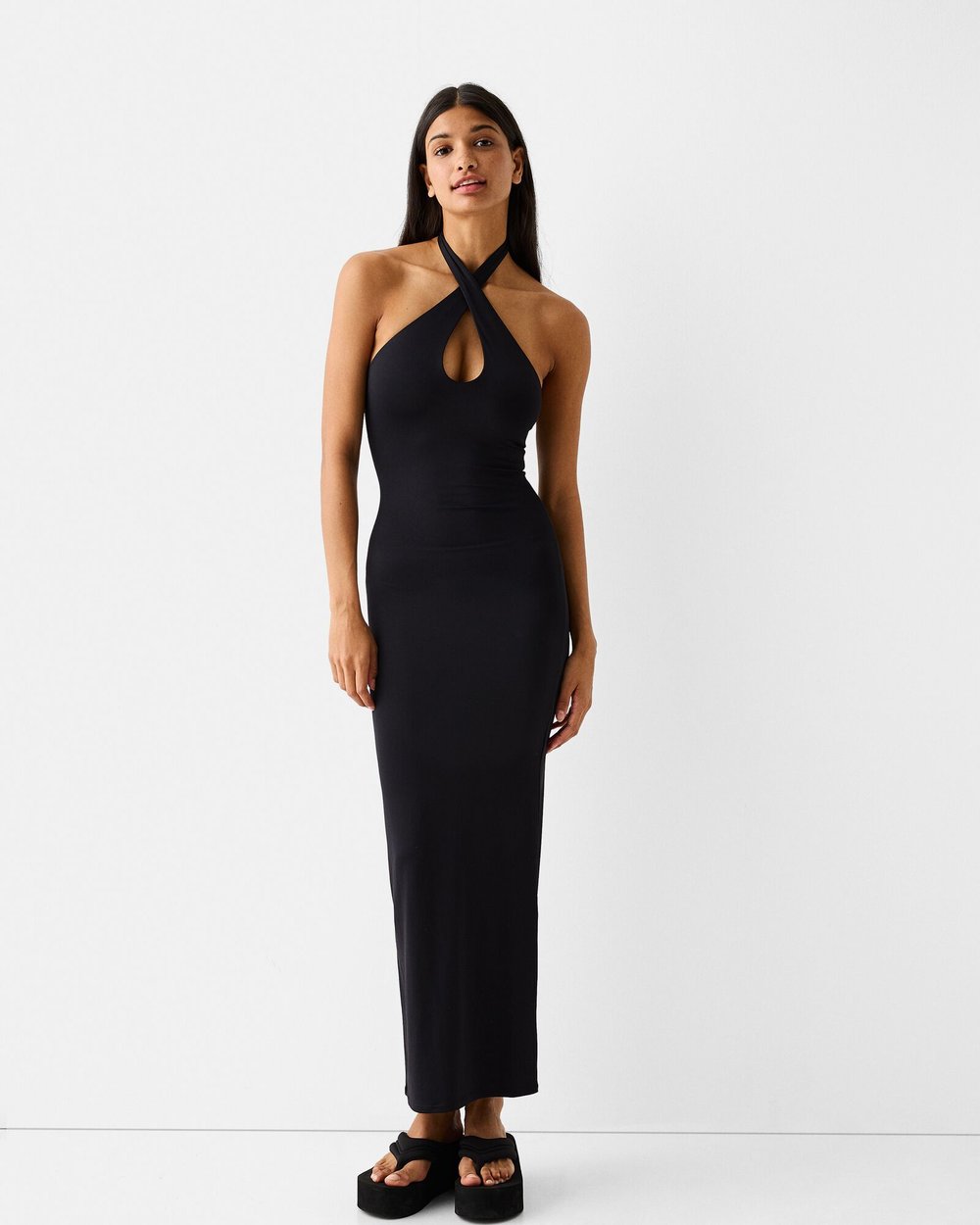 knee length dresses for ladies Bershka Bandeau Neckline Midi Dress  Luxandluxy