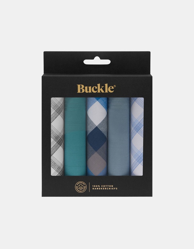 Buckle - Navy and Green Checks 5-Pack 100% Sustainable Cotton Handkerchief Set