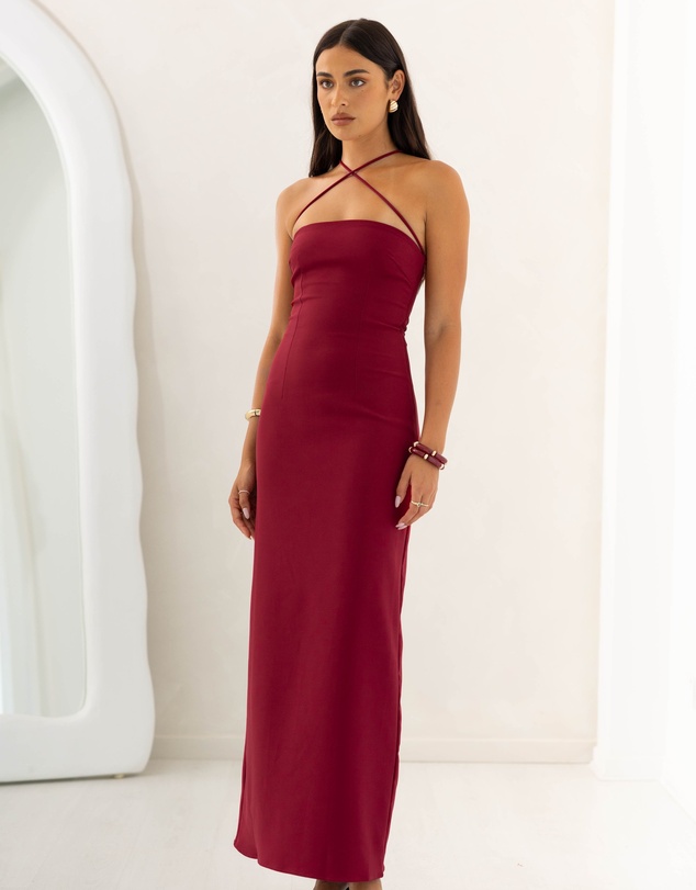 Beginning Boutique - Del Mar Burgundy Crepe Formal Maxi Dress