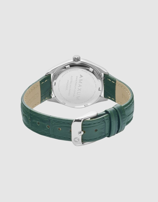 Maxum - Sydney - White Dial, Silver Tone Case & Green Leather Band