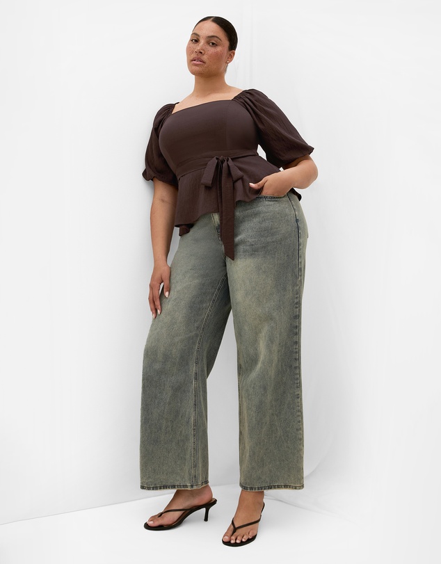 City Chic - Plus size Collins Puff Sleeve Tie Waist Top - chocolate