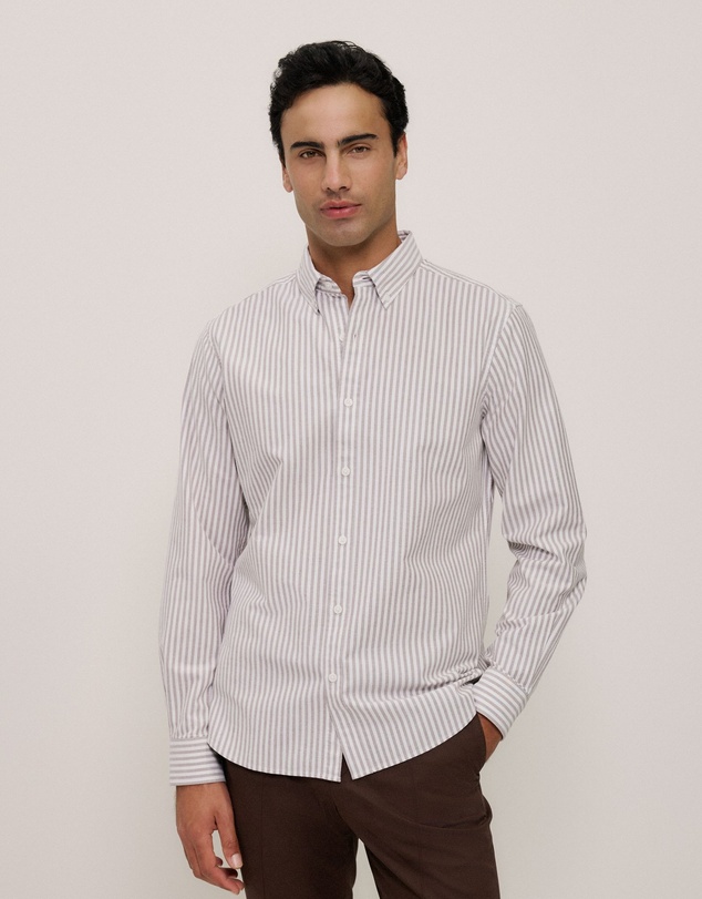 Trenery - Regular Fit Wide Stripe Oxford Shirt in Coffee