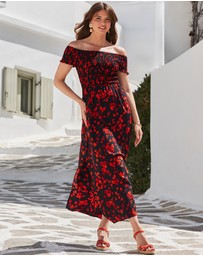 Sosandar - Floral Print Shirred Body Bardot Maxi Dress