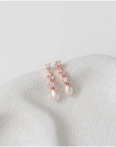 The White Collection - Hazel - Rose Gold Pearl Bridal Drop Earrings