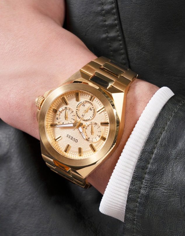GUESS - Gold-Tone Multi-function Men's Watch with 46mm Champagne Dial
