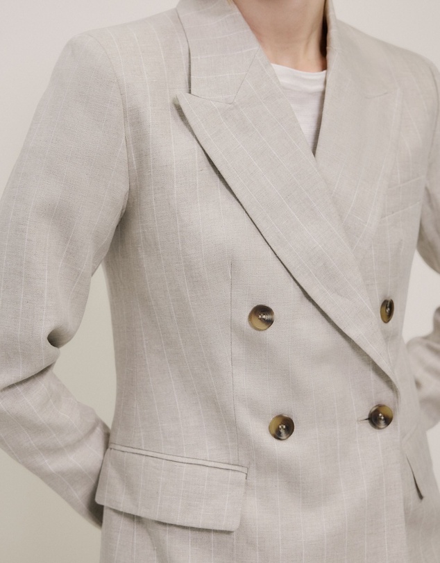 Trenery - Linen Stripe Double Breasted Blazer in Flax