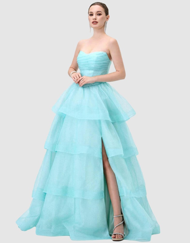Bariano - Mint Tiff Strapless Tiered Ball Gown