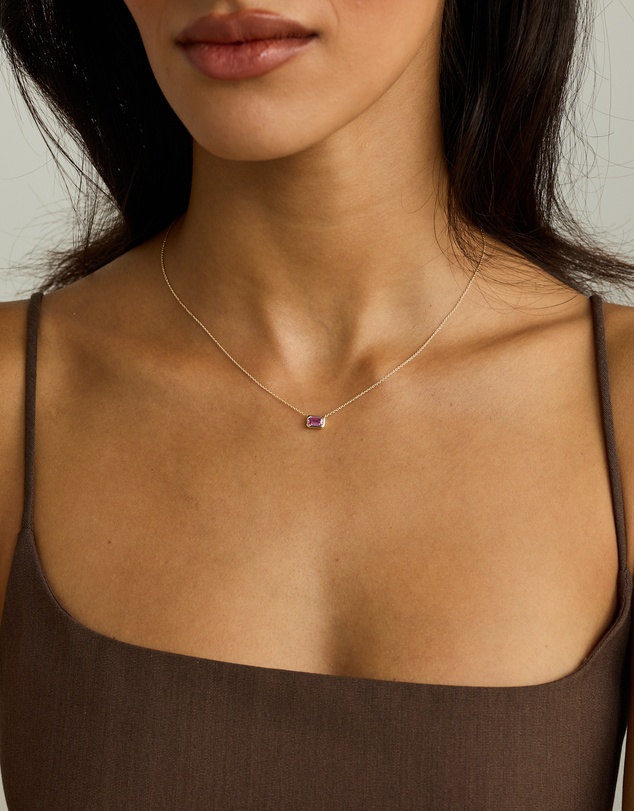 Michael Hill - Emerald Cut Pink Created Sapphire East-to-West Set Bezel Necklace with Chain in 10kt Yellow Gold