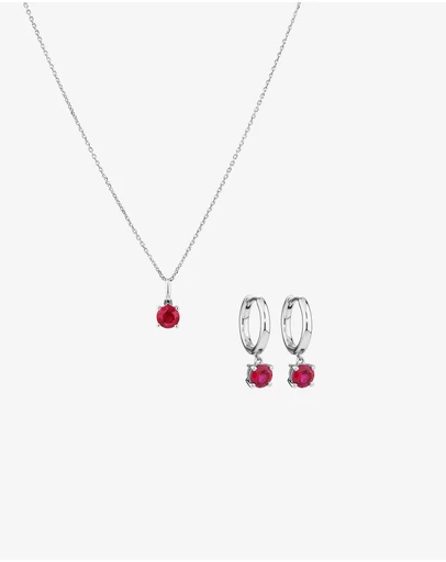 Michael Hill - Round Cut Red Created Ruby Gemstone Hoop Earrings and Pendant Necklace Set in Sterling Silver