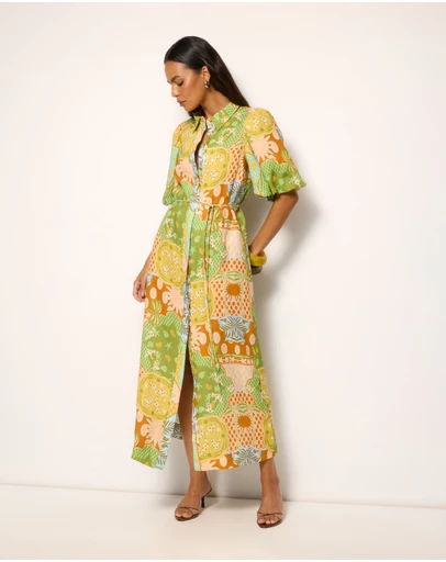 AERE - Amalie Linen Puff Sleeve Shirt Dress